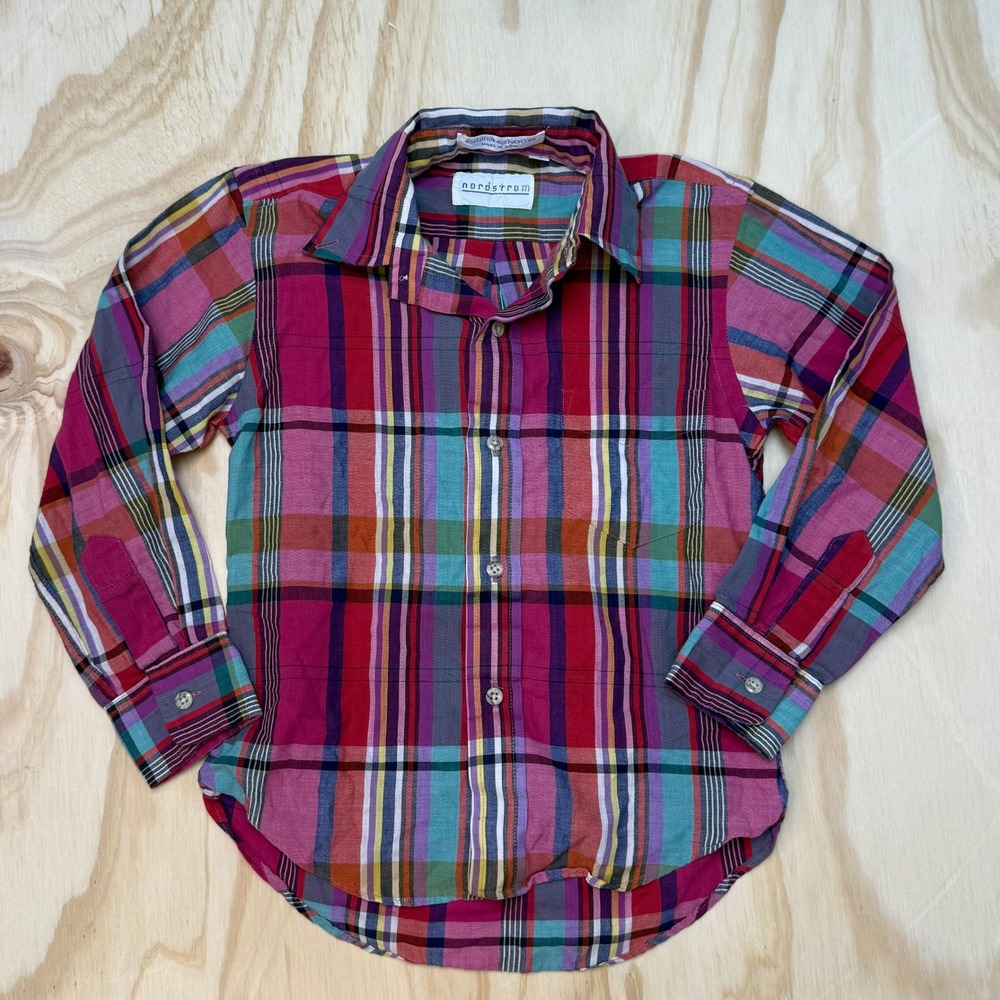 Vintage Nordstrom Kids Plaid Button Down Shirt Multi Color Made in USA Size 7